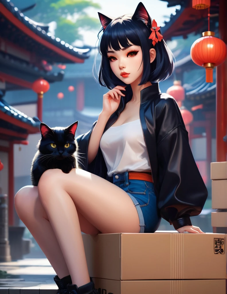 quality(8k wallpaper of extremely detailed CG unit, ​masterpiece, hight resolution, top-quality, top-quality real texture skin,hyper realisitic, digitial painting,increase the resolution,RAW photos，best qualtiy,highly detailed,the wallpaper),BREAK,8K, Chibi , onmyoji-style art, half face, a woman sitting on top of a box next to a cat, artstyle : ilya kuvshinov, shiny colorful, sexy girl wearing shorts, black jeans, medibang, characters merged, anime like