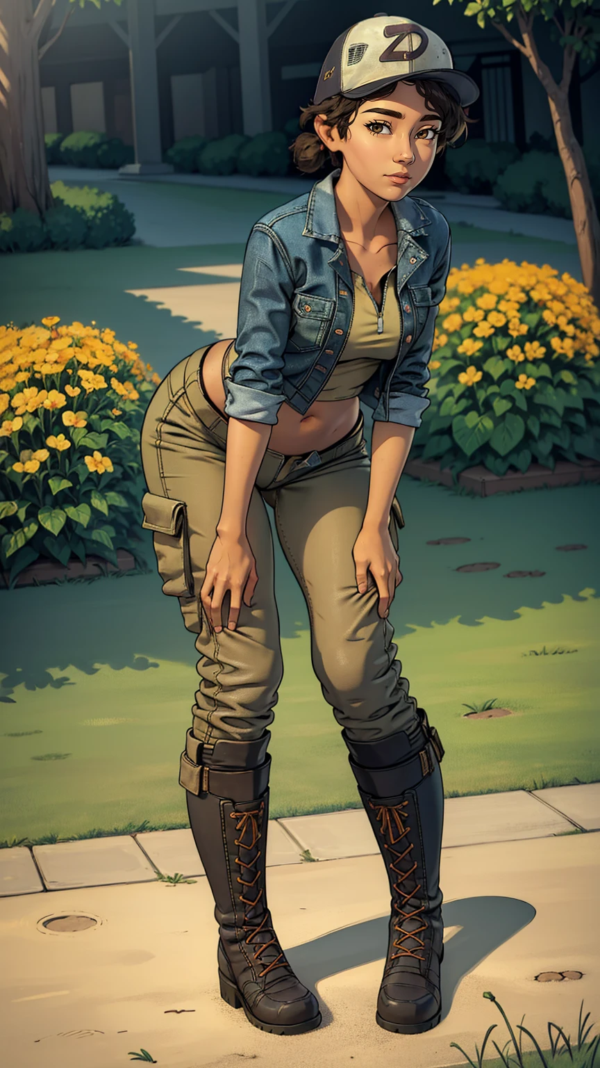 ((masterpiece, best quality)),(complex lighting) ,solo,(((1girl))) ,clementine, light skin,light-skinned female, baseball cap, green cargo pants, brown eyes, tight pants, combat boots, shirt, short hair, one short ponytail, open denim jacket, huge butt, thicc butt , (((8k))), (((full body))), (((bent over))), (((looking at the viewer))), cameltoe