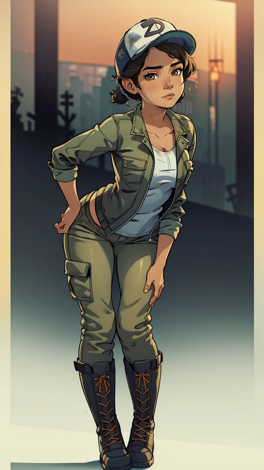 ((masterpiece, best quality)),(complex lighting) ,solo,(((1girl))) ,clementine, light skin,light-skinned female, baseball cap, green cargo pants, brown eyes, tight pants, combat boots, shirt, short hair, one short ponytail, open denim jacket, huge butt, thicc butt , (((8k))), (((full body))), (((bent over))), (((looking at the viewer))), cameltoe
