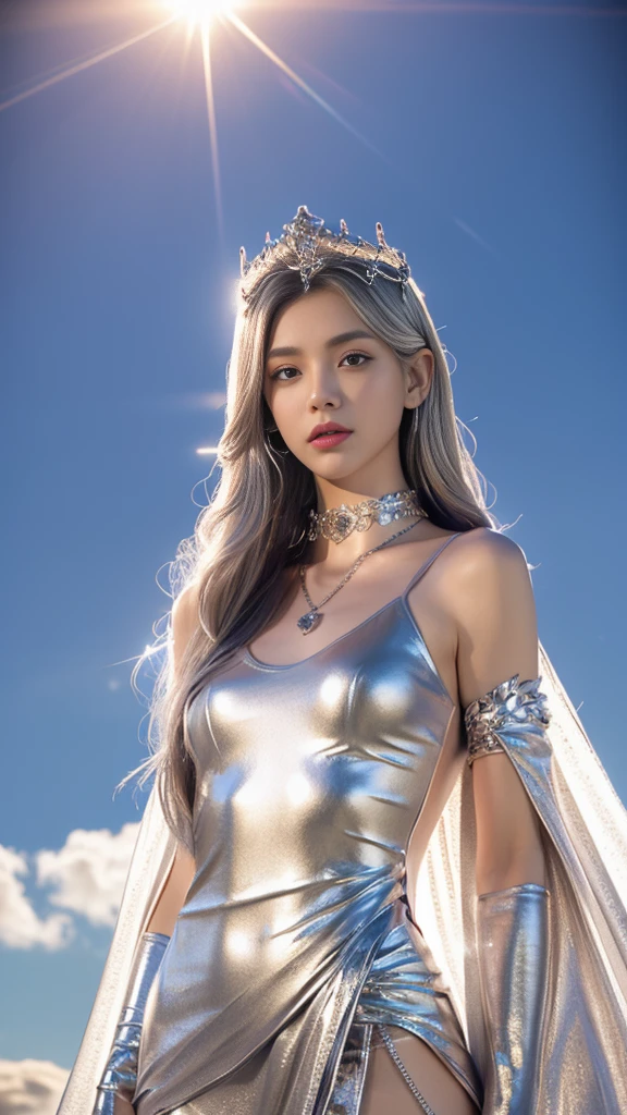photorealistic, 1girl, ((slim body)), long hair, gradient hair, solo, detailed eyes, jewelry, bracelet, choker, small breasts, looking at viewer, realistic, necklace, (((silver princess))), long skirt, thigh highs, silver cape, sardine, lace, evening, sunlight, clouds, in the sky, clouds, realistic sun light,, detailed, upper body,