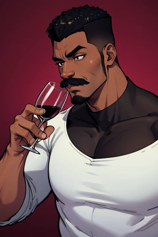 a negro man with an oversized body, small mustache, flattop haircut, holding a glass of red wine, dark burgundy background