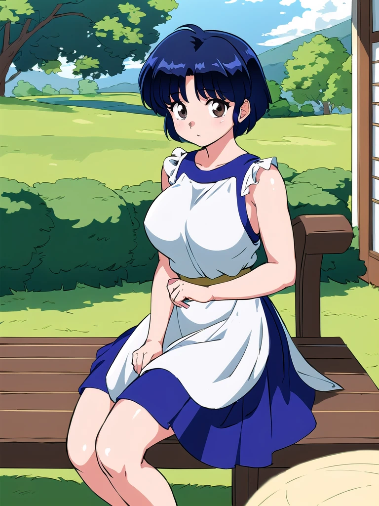 HDR, CG, sharp focus, (8k), (4k), masterpiece, best quality, detailed skin, extremely detailed, hiper detailed, sharp focus, looking at viewer, high quality, AKANE, Akane tendou, short hair, blue hair, brown eyes ,curtain pelvic DRESS, tetas grandes bush, solo, 1girl, sit on bench, park background, hands on chest, heels, white dress,