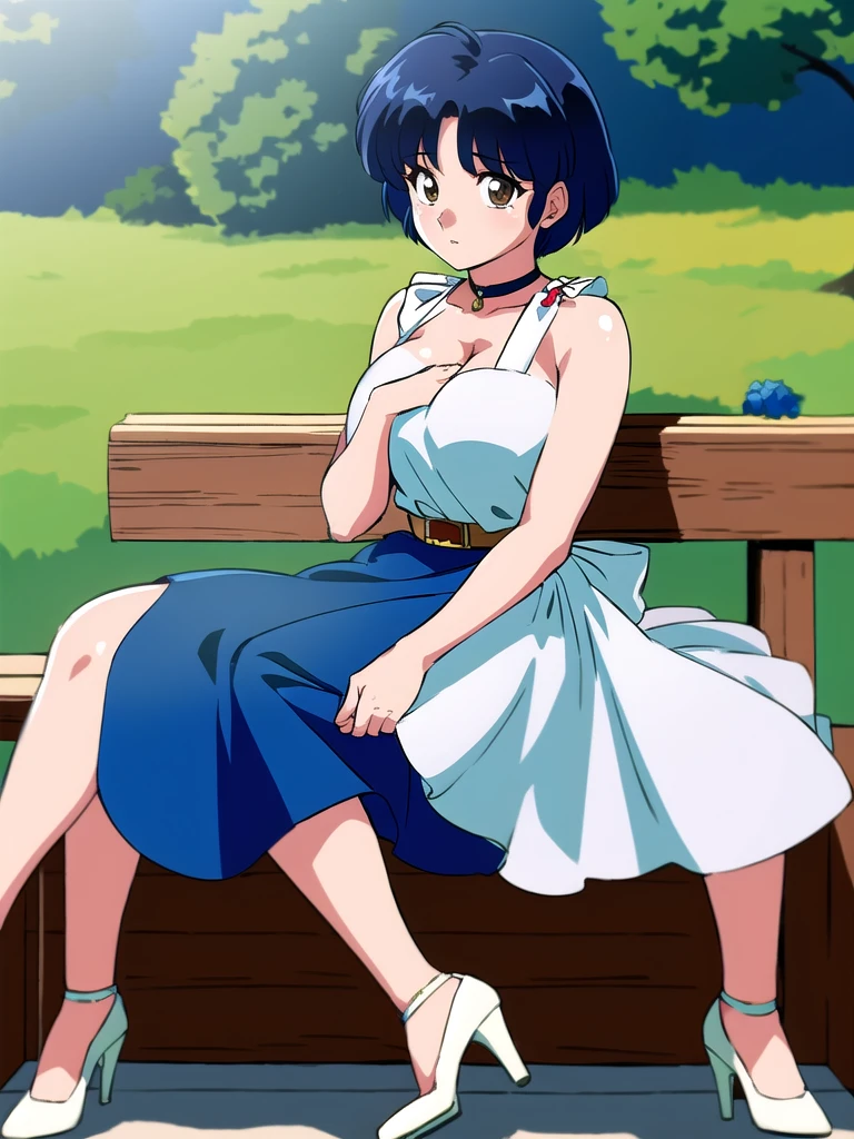 HDR, CG, sharp focus, (8k), (4k), masterpiece, best quality, detailed skin, extremely detailed, hiper detailed, sharp focus, looking at viewer, high quality, AKANE, Akane tendou, short hair, blue hair, brown eyes ,curtain pelvic DRESS, tetas grandes bush, solo, 1girl, sit on bench, park background, hands on chest, heels, white dress,
