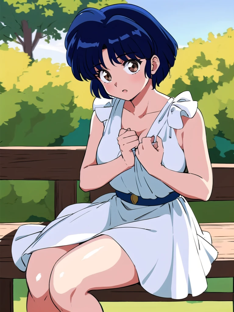 HDR, CG, sharp focus, (8k), (4k), masterpiece, best quality, detailed skin, extremely detailed, hiper detailed, sharp focus, looking at viewer, high quality, AKANE, Akane tendou, short hair, blue hair, brown eyes ,curtain pelvic DRESS, tetas grandes bush, solo, 1girl, sit on bench, park background, hands on chest, heels, white dress,