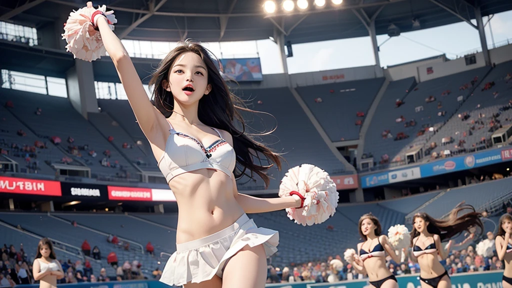 8k、RAW Photos、highest quality、Super detailed、Super Resolution、Ultra HD、8k wallpaper、Amazing detail masterpiece, highest quality, Super detailed, figure,
Musplash, One girl, Little, skirt, Pom-pom (cheer leading), Long Hair, Raise your arms, Cheerleader, Open your mouth, Black Hair, abdomen, Stadium, Laughter, Open your mouth
, baseball Stadium,
((((Panties and bra are visible))))