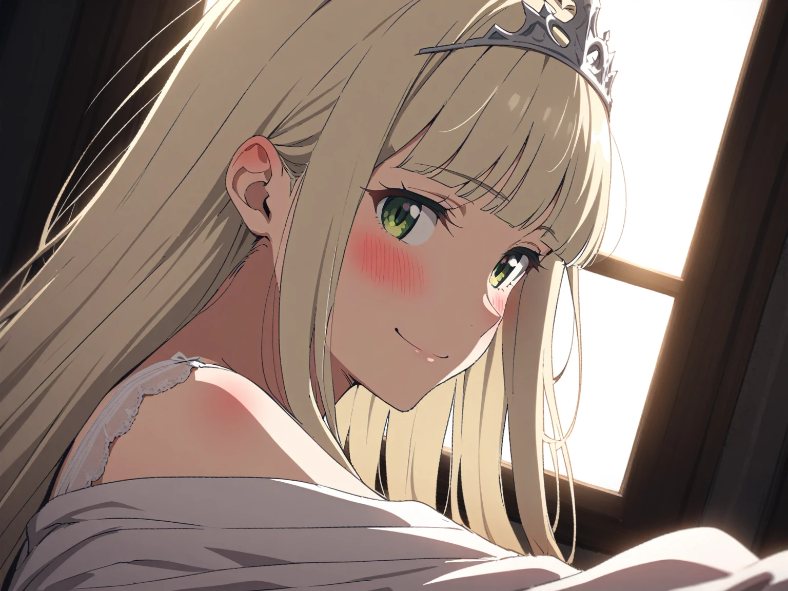 {{cowboy shot, face focus, sideways, pov, from side}} {{Artist: Sincos}} 1 woman ,solo, mature female, elegant, princess, medium breasts, straight hair, platinum blonde hair, long hair, hime cut, green eyes, nightgown, tiara lying on bed, smile, blush, indoors, palace bedroom, moonlight from window, medieval fantasy.