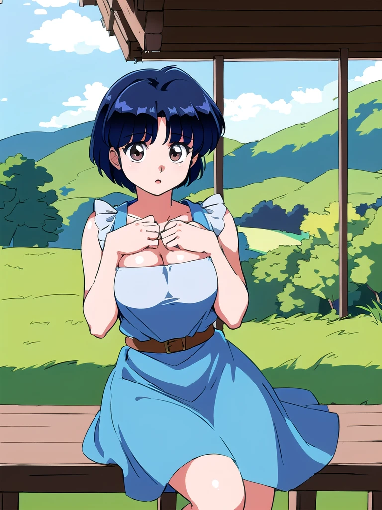 HDR, CG, sharp focus, (8k), (4k), masterpiece, best quality, detailed skin, extremely detailed, hiper detailed, sharp focus, looking at viewer, high quality, AKANE, Akane tendou, short hair, blue hair, brown eyes ,curtain pelvic DRESS, tetas grandes bush, solo, 1girl, sit on bench, park background, hands on chest, heels, white dress,
