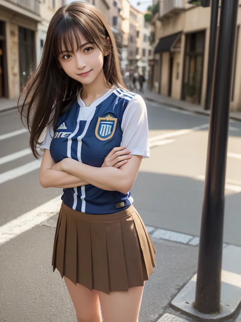 (8k, RAW Photos, highest quality, masterpiece:1.2), (Realistic, photo-Realistic:1.4), (Highly detailed 8k wallpaper), ((Full Body Shot)), (1 girl), Sharp focus, Depth of written boundary, Cinematic lighting, Soft Light, 緻密な美しさのeye, eye_Chan, Very beautiful 17 year old girl, innocent big eyes, Realistic, photo Realistic, Highly detailed cute girl, (Thin thighs), (Model Body Type), (((Inter soccer jersey))), ((Micro Mini Pleated Skirt)), (((Fold your arms in front of your chest and act arrogantly))), ((A happy smile)), Parted lips, Watching the audience, (On the streets of Italy) , (Brown Hair),(Long Bob Hair), (Asymmetrical bangs)