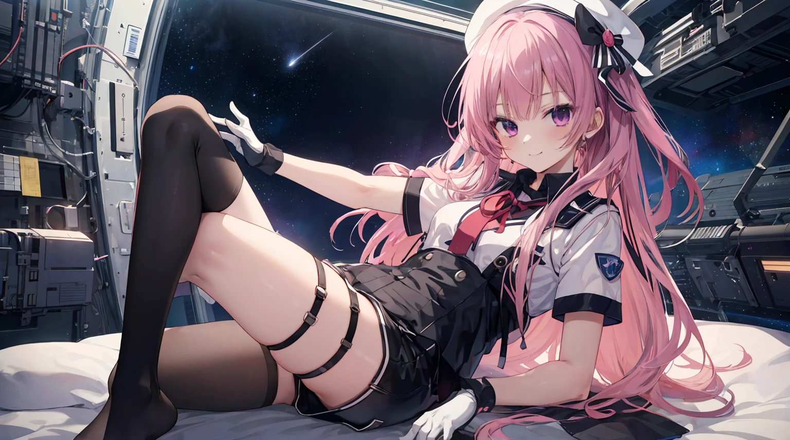 A girl,Solitary,Pink long hair,Moderate,Smile,Medium-length hair,Messy hair,Short sleeve,Short sleeve游戏服,Black Leather Shorts,Black stockings,Black gloves,Inside the spacecraft,on the bed,Glass Windows,Space background, Anime style 4k,black garter straps,No shoes,mitsukasa ayase、character-centered