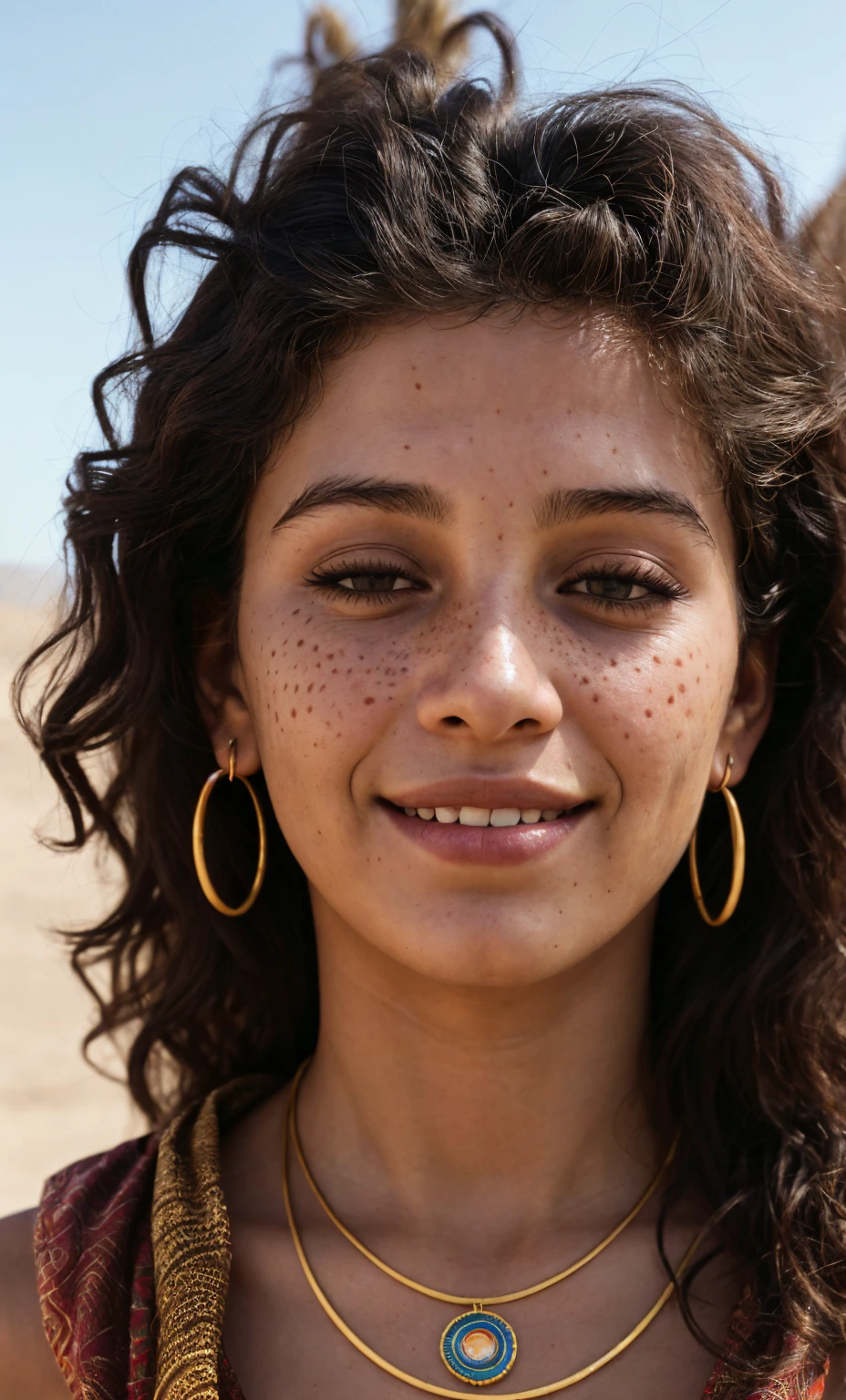 (Close-up, editorial photograph of a 18 year old woman), (highly detailed face:1.4) (smile:0.7) (background inside dark, moody, private study:1.3) POV, by lee jeffries, nikon d850, film stock photograph ,4 kodak portra 400 ,camera f1.6 lens ,rich colors, hyper realistic ,lifelike texture, dramatic lighting , cinestill 800, wavy hair, messy hair, Mischievous smirk, Black hair, freckles, Brown Eyes, jewels, necklace, Astral Plane, Black Round Sunglasses, Sun, Sand, Desert, Arabian expressions, Egyptian woman, Arabian skin, Golden Aura, shadow queen, naked