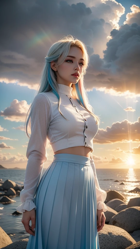 (masterpiece), the best quality, reflection light, Ultra-Wide Angle, beautiful Cloudy sky, girl, platinum blonde hair with light blue tips, multicolored hair, colored inner hair, full details white long sleeve crop top, pleated skirt, hourglass body shape, professional, Extremely aesthetic, (immersive), (cool), stylish, Extremely detailed realistic clothing, ((Cloudy sky, The sky is covered with clouds, Sunlight breaking through the cloud, Tyndall Effect, Sunlight breaking through the clouds as background, high quality, high details background)), fantasy art style, high quality detailed art, fantasy mixed with realism, detailed face, glossy lips, eyeshadow, lipstick, upper body, wide shot, platinum and white color schemes,