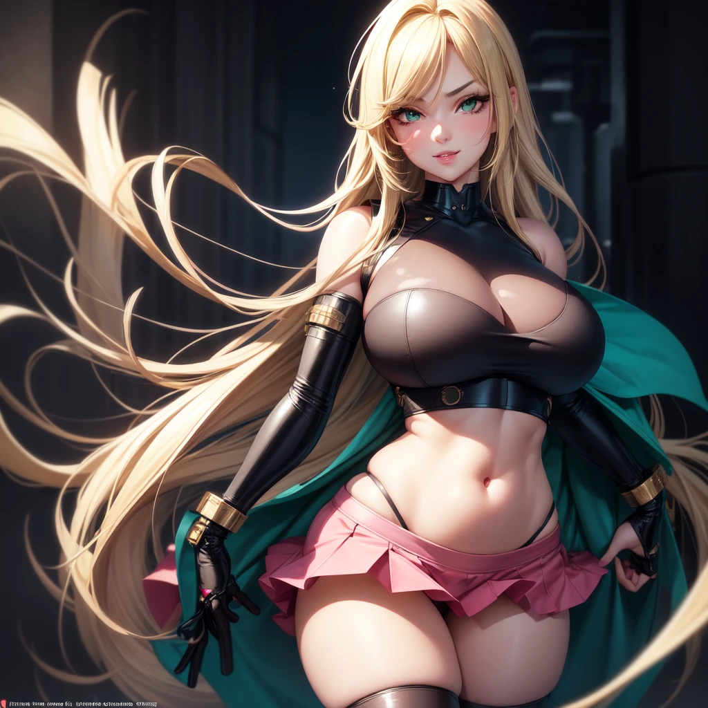 1 girl, solo, Big round breasts, curvy hips, hourglass waist, realistic, bright blonde hair, light green eyes, amazing big eyes, eye details, eyebrow details, crop top, pink skirt, parted lips, blush, confident, dominant, bdsm, smirk, naughty, mischevious face, HD, good quality 