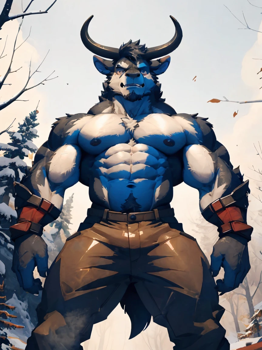 Minotaur, solo, muscular, perfect_eyes, perfect_face, abs, big_chest,wide_body, muscular_arms, winter, snowforest_background, solo, minotaur, theets, angry, half_body, close_up, low_angle, manly, man, muscular, brown_horns, big_eyes, orange_eyes, glowing_eyes, bara_body,hyper_muscles, hyper_chest, hyper_muscular_body, huge,forest, snow,snowy_forest, armor_pants, half_body,closeup