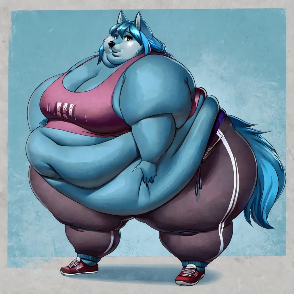 Wolf, female, long blue hair, black and blue body,fat arms, fat legs, belly rolls, hip fat rolls, double chin, chubby cheeks,tank to, sweatpants, gorgeous, beautiful, eyelashes,