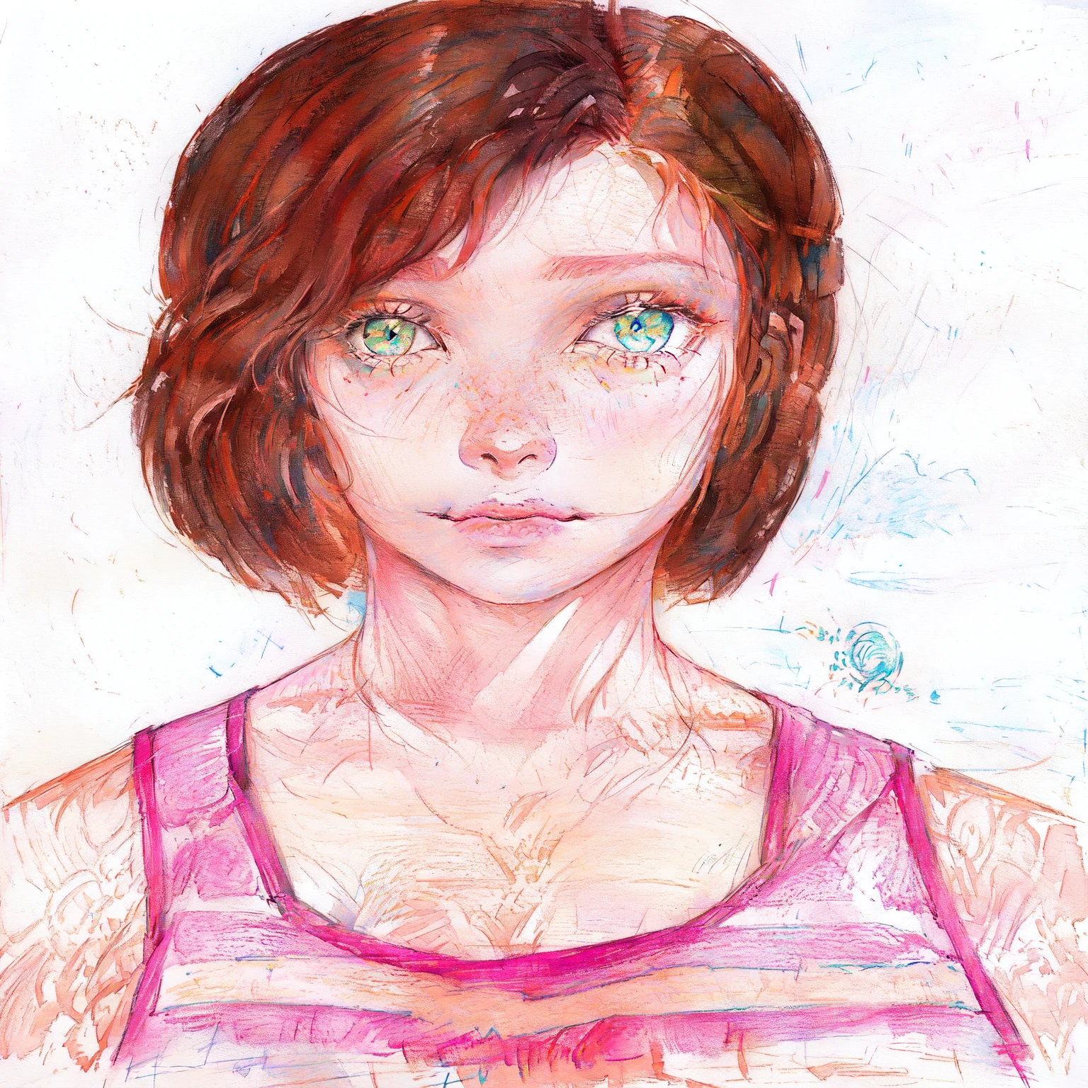 um desenho de uma mulher com sardas e uma regata rosa, drawn with colored pencilss, desenho colorido, Ellie from the The last of us, Chell do portal, um desenho a colored pencils, colored pencil drawing, colored pencils sketch, retrato de lara croft, average: colored pencils, inspirado em Lydia Field Emmet, por Lena Alexander, Ellie (The last of us)