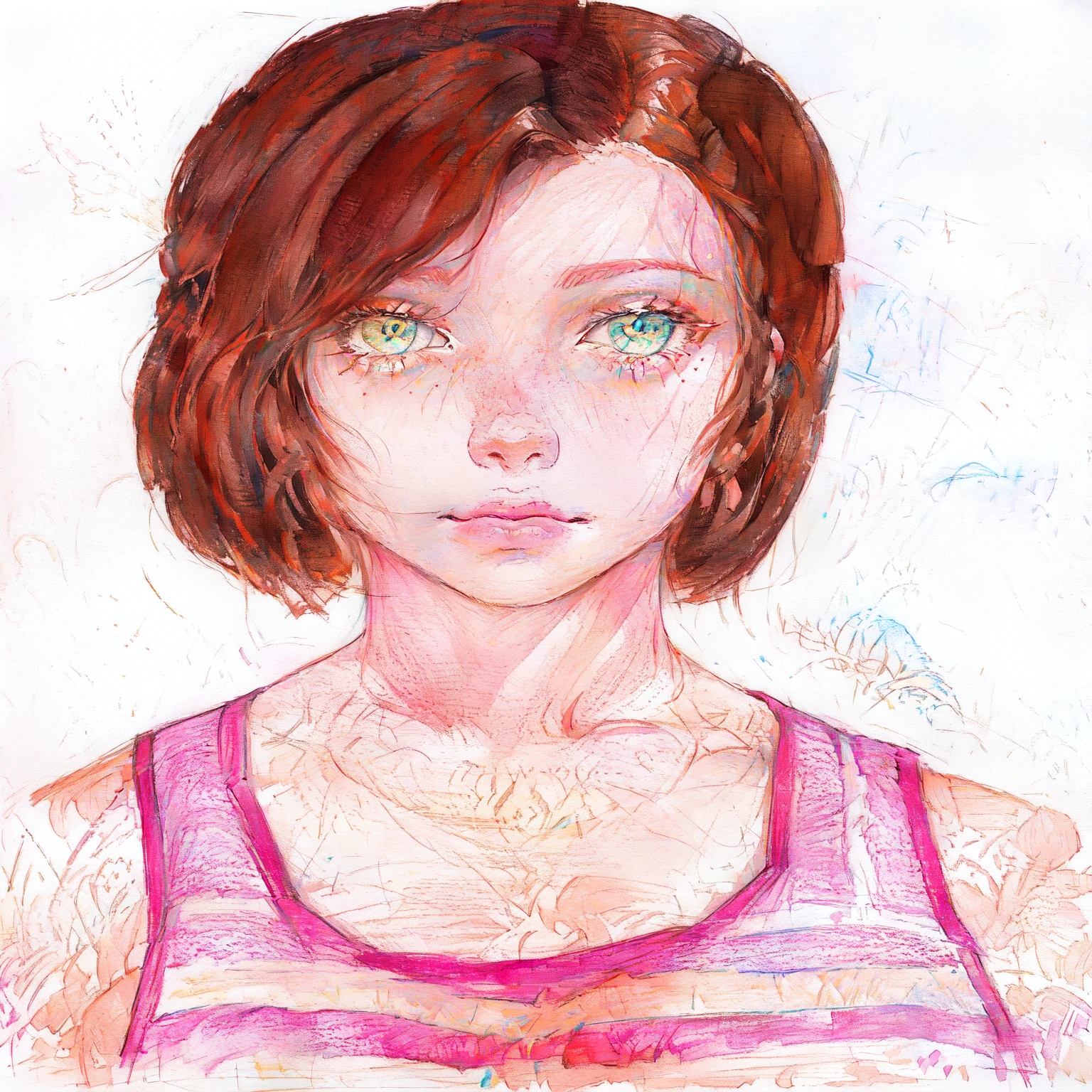 um desenho de uma mulher com sardas e uma regata rosa, drawn with colored pencilss, desenho colorido, Ellie from the The last of us, Chell do portal, um desenho a colored pencils, colored pencil drawing, colored pencils sketch, retrato de lara croft, average: colored pencils, inspirado em Lydia Field Emmet, por Lena Alexander, Ellie (The last of us)