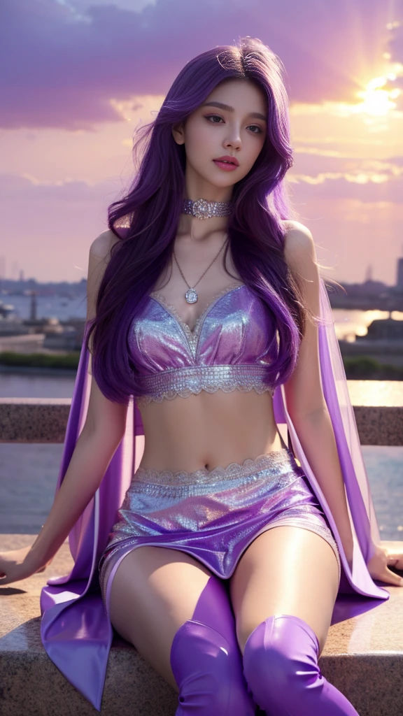 photorealistic, 1girl, ((slim body)), long hair, gradient hair, solo, detailed eyes, jewelry, bracelet, choker, small breasts, looking at viewer, realistic, necklace, (((purple princess))), long skirt, thigh highs, purple cape, sardine, lace, evening, sunlight, clouds, in the sky, clouds, realistic sun light,, detailed, upper body, sitting,