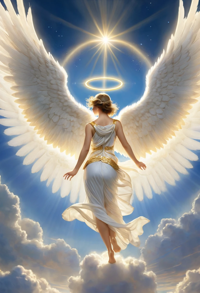 best quality, top quality, masterpiece, highres, detailed, a soaring angel, Back View, a dazzling halo,