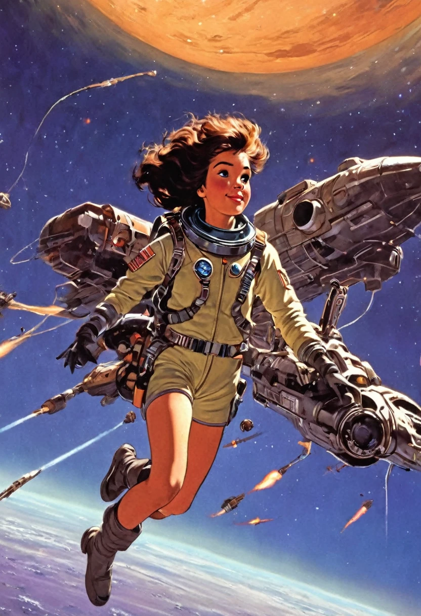 a girl space adventurer, flying through space 