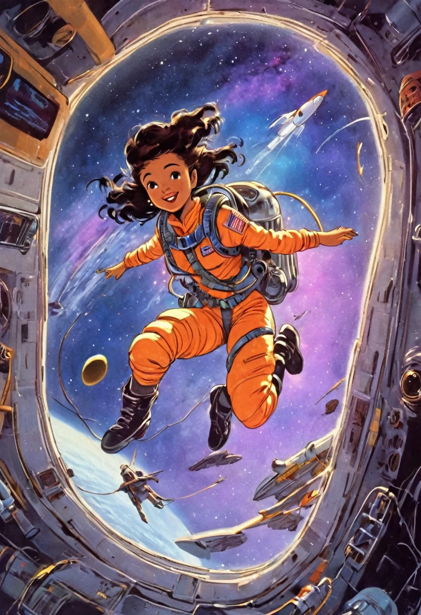 a girl space adventurer, flying through space 