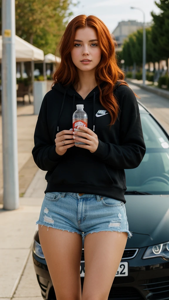 (((Masterpiece))), 25-year-old Caucasian French girl with shoulder-length messy red hair, adorned with , blooming hair akin to a royal . Captured in the best quality, this illustration serves as a 4K wallpaper, Dressed in nike a hoodie, very short black shorts, she sits in a parking lot, holding a bottle of car chemicals in her hand, it's night, . Night