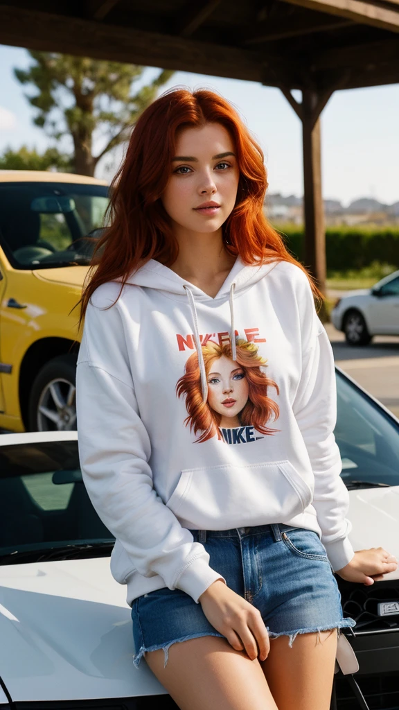 (((Masterpiece))), 25-year-old Caucasian French girl with shoulder-length messy red hair, adorned with , blooming hair akin to a royal . Captured in the best quality, this illustration serves as a 4K wallpaper, Dressed in nike a hoodie, very short black shorts, she sits in a parking lot, holding a bottle of car chemicals in her hand, it's night, . Night