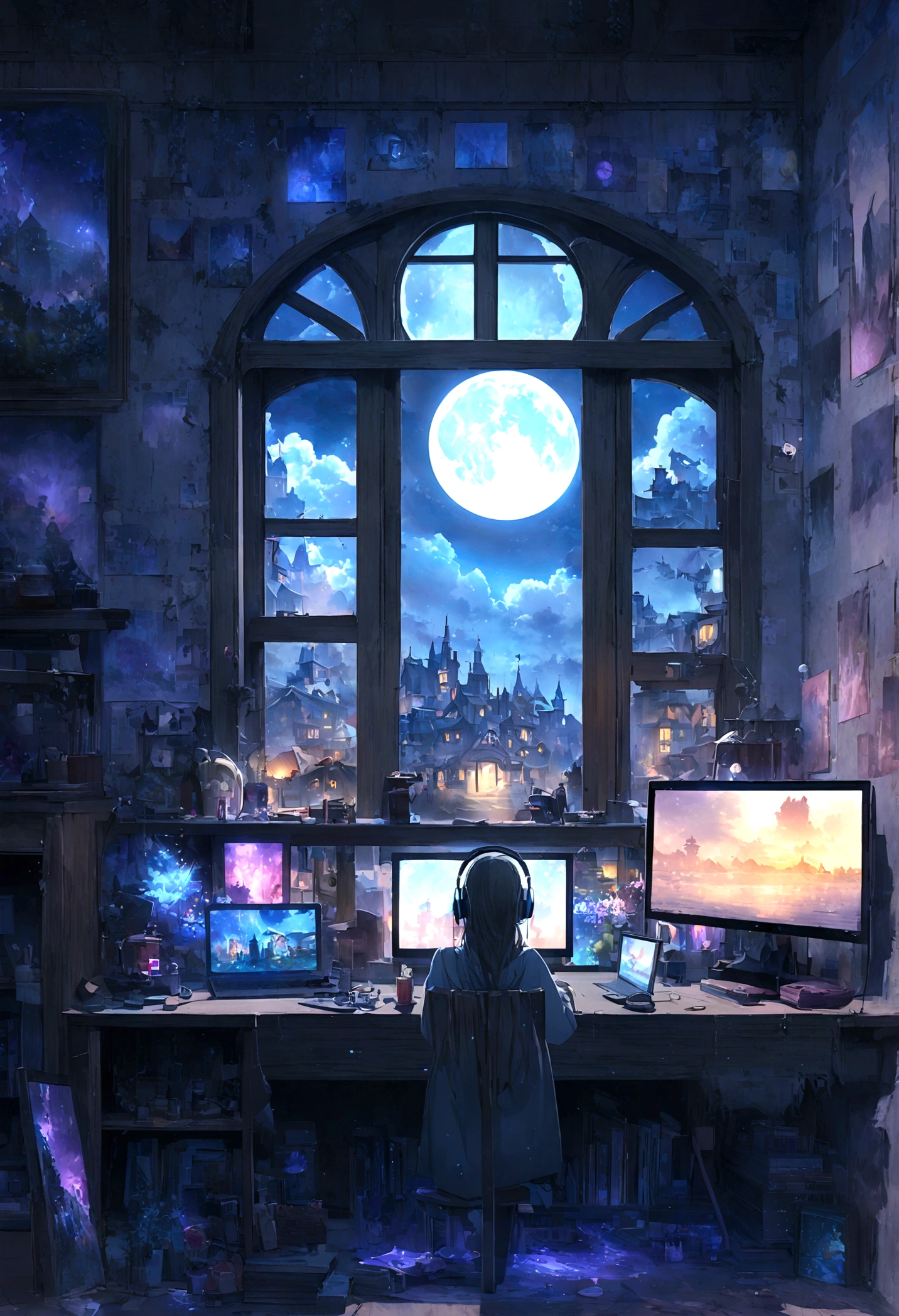 On the desk、unmanned、Tablet、liquid crystal、moon、PC Monitor、liquid crystalTablet、smartphone、wall、Dark atmosphere、Blue Neon、Brewster、keyboard、Vocal Microphone、headphone、Large windows、scenery、White flowers and a laptop on a desk in front of a window, Digital painting inspired by Gyokudō Uragami, pixiv Contest Winner, magical realism, Magic Lab Background, Magic Background, Background Art, Personal room background, Random background scenes, anime Background Art, Cozy cafe background, Fairytale style background, Background Artwork, Mobile Game Background