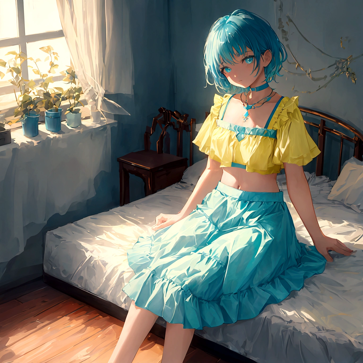 a young girl with short cyan hair and yellow glowing eyes, is wearing a blue crop top and a white skirt. she is sitting on her bed in a cozy and neatly decorated bedroom. ((high quality 2.0)) ((High Resolution 1.3))