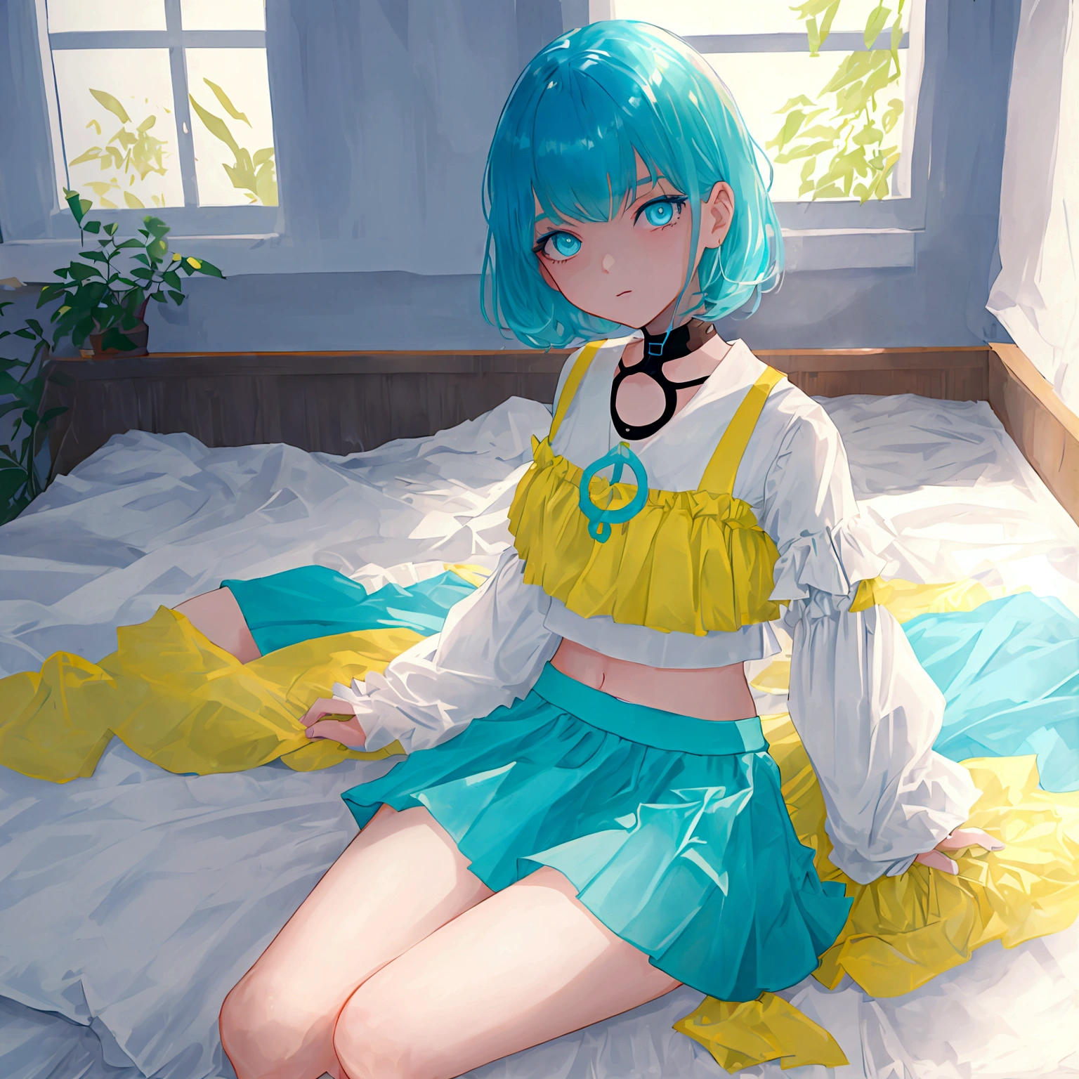 a young girl with short cyan hair and yellow glowing eyes, is wearing a blue crop top and a white skirt. she is sitting on her bed in a cozy and neatly decorated bedroom. ((high quality 2.0)) ((High Resolution 1.3))