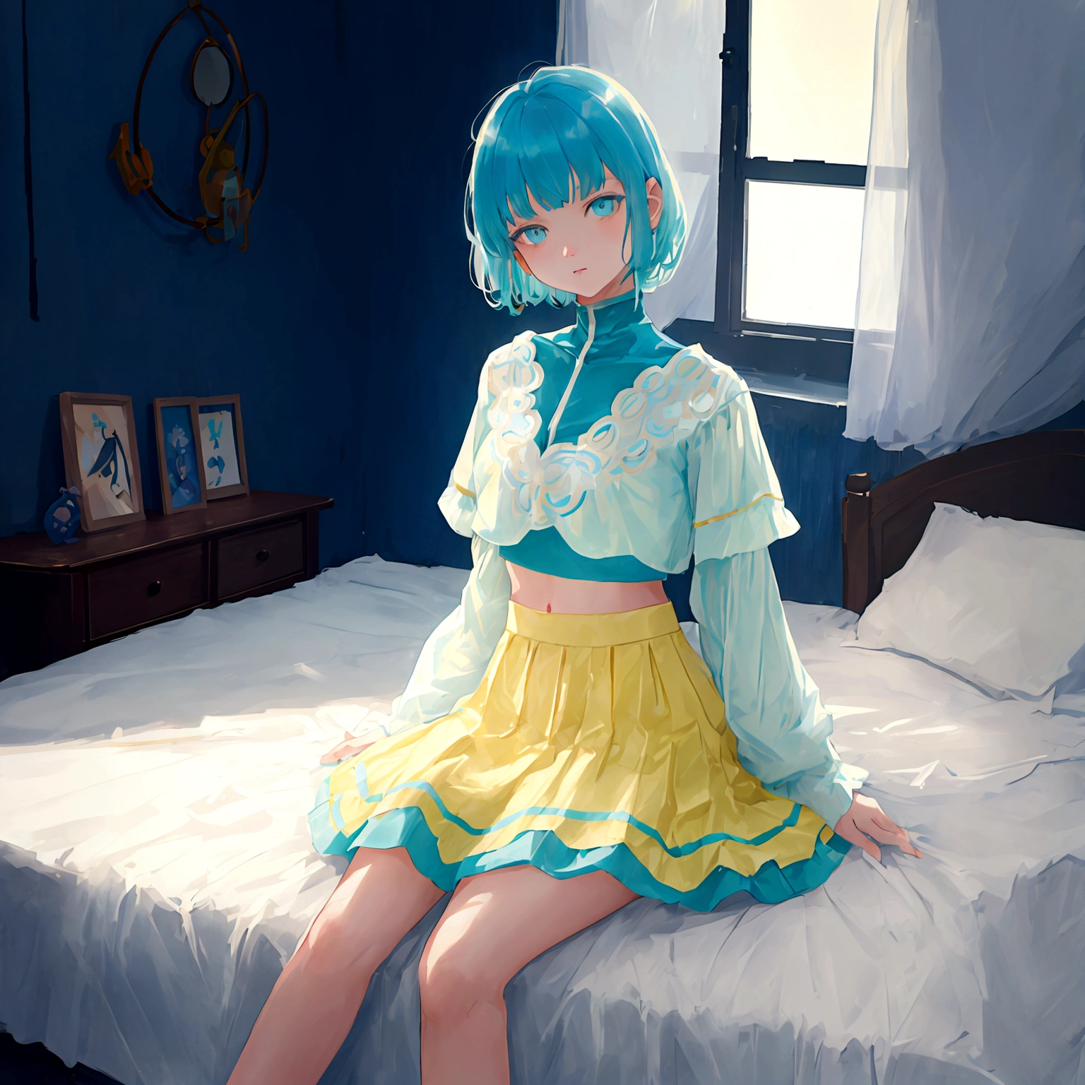 a young girl with short cyan hair and yellow glowing eyes, is wearing a blue crop top and a white skirt. she is sitting on her bed in a cozy and neatly decorated bedroom. ((high quality 2.0)) ((High Resolution 1.3))