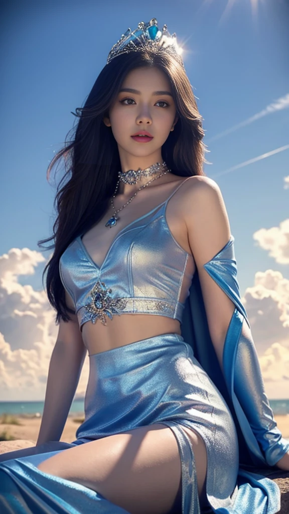 photorealistic, 1girl, ((slim body)), long hair, gradient hair, solo, detailed eyes, jewelry, bracelet, choker, small breasts, looking at viewer, realistic, necklace, (((blue princess))), long skirt, thigh highs, blue cape, sardine, lace, evening, sunlight, clouds, in the sky, clouds, realistic sun light,, detailed, upper body, sitting,