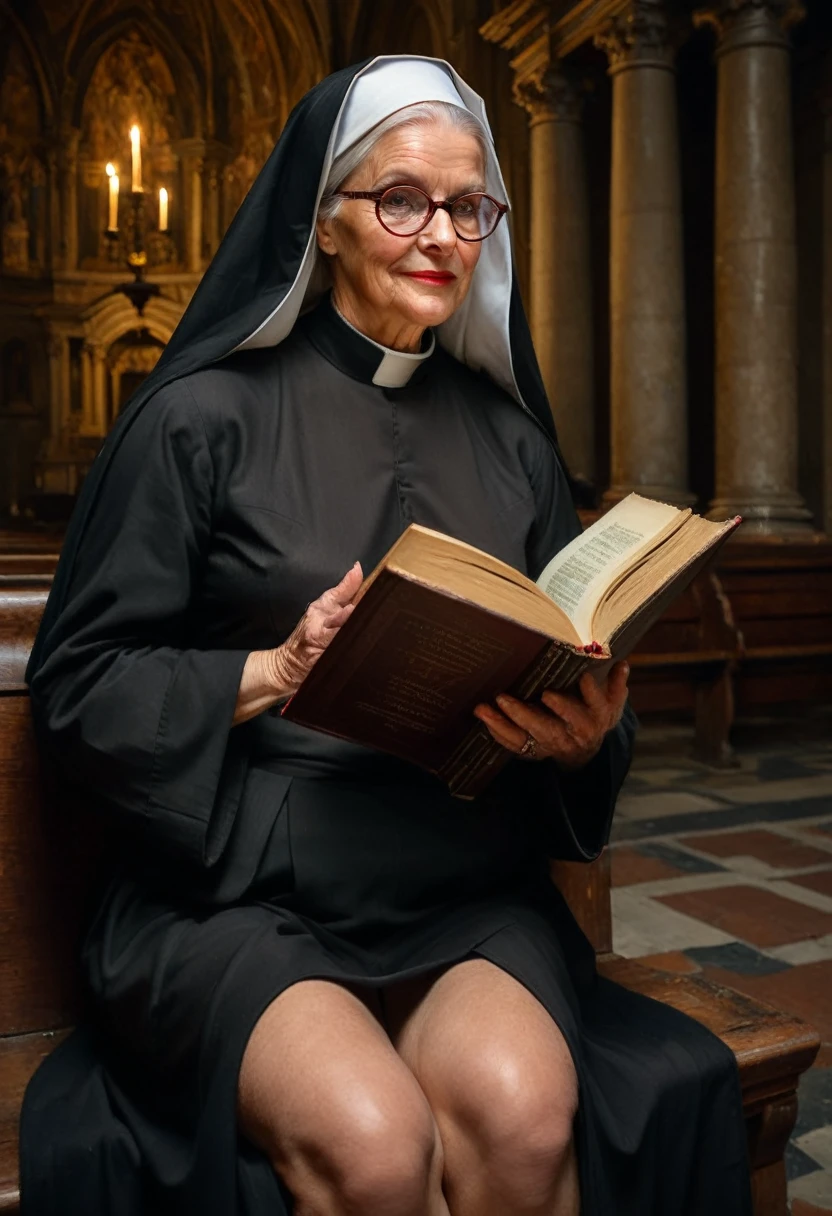 ((Portrait of a 60 years old)) round ((busty)) Scandinavian ((prioress nun)), reading a big old book, sit in a cathedral's pew with slightly spread knees, ((black tunic with small boob holes)), veil. ((big Saggy naked boobs)), big blue eyes, eyeglasses, very dark red lipstick, ((inviting explicit smile)), candid expression, candid pose with her ((tilted head)), (((looking at camera))), messy hair, ((fat thighs visible through slit)), ((masterpiece)), ((nighttime, no lights except few candles, dark calm atmosphere)), ((low lights and shadows Caravaggio's style)), side light underlines body volumes and curves, columns and statues barely visible in the background, best quality, photorealistic, raw photo, ((bird's eye view)), ((bokeh)). High resolution, cinematic, epic detailed, Hasselblad photo, high budget, cinemascope, film grain, emphasizing shape and form, ((magical atmosphere, enchanting composition, establishing shot)), intricate detail, artistic interpretation, expert styling, professional lighting