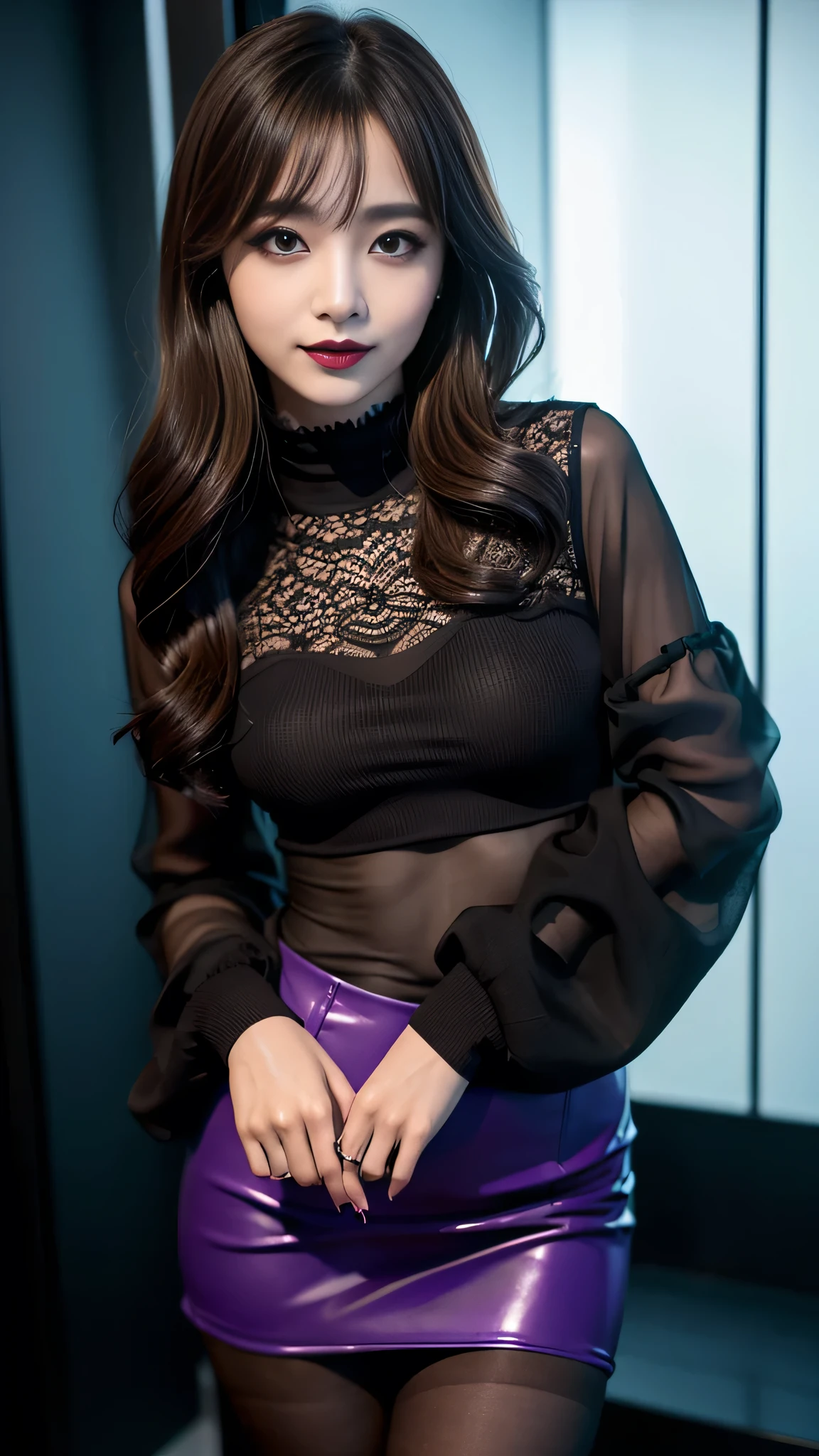 best quality、ultra-detailed、8k、Japanese、Japanese、Seductive beauty、seductive adult woman、Pretty Woman、cool girl、smirk、Wicked Smile、Villainess、brainwash makeup、Brainwashed、brainwash、Fallen into evil、Evil look、evil、Brown hair、wavy hair、swept bangs、dark makeup、piercing eyes、hollow eyes,half-closed eyes、Hollow Eyes、purple Eyeshadow、black lipstick、black lipglos、black elegant dress、wide sleeve、Black flared skirt、skin color pantyhose、stockings、night、inside darkroom、hand hold pantyhose、Are standing、Look、Offer、shoot from below、Swear allegiance、I have pledged my allegiance、