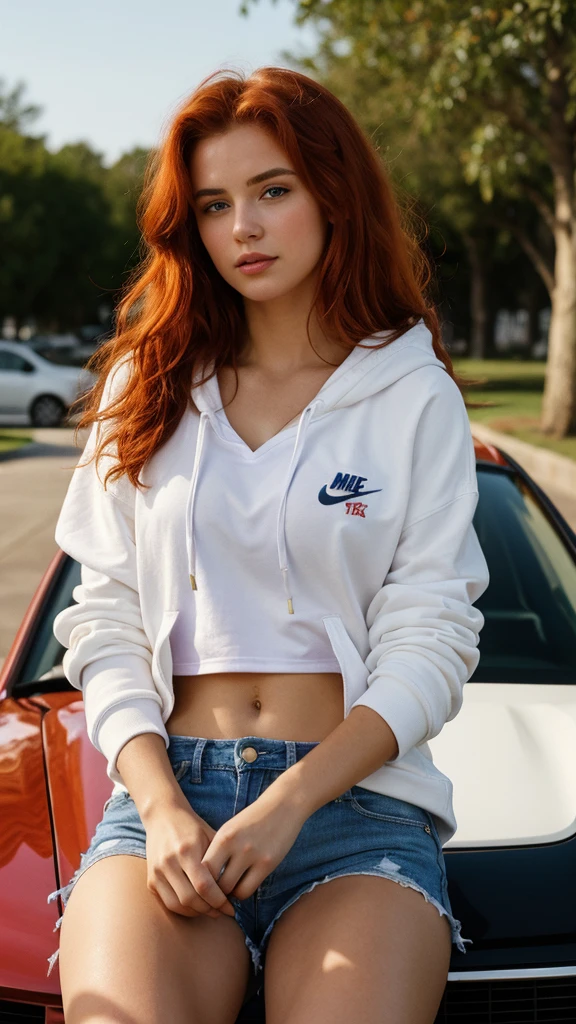 (((Masterpiece))), 25-year-old Caucasian French girl with shoulder-length messy red hair, adorned with , blooming hair akin to a royal . Captured in the best quality, this illustration serves as a 4K wallpaper, Dressed in nike a hoodie, very short black shorts, she sits in a parking lot, holding a bottle of car chemicals in her hand, it's night, . Night