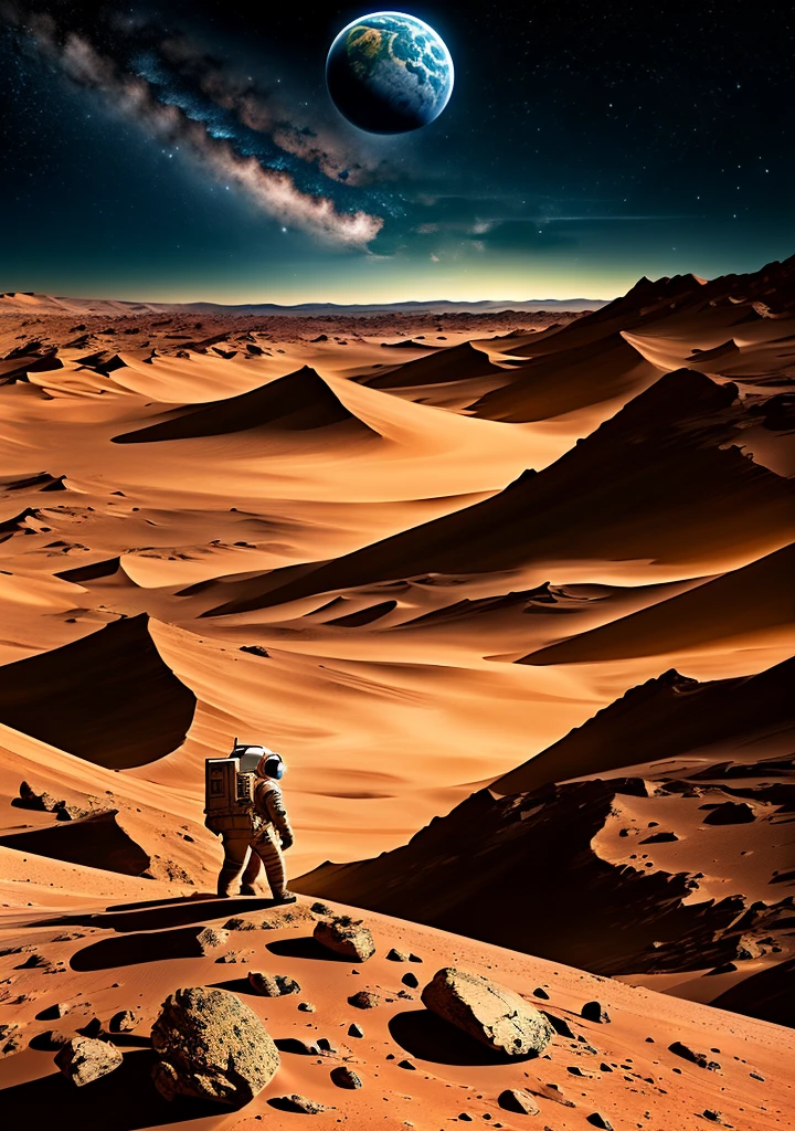 Create a painting of an astronaut on Mars at night, with a backdrop of towering mountains silhouetted against the starry sky. Include intricate details of rocks scattered across the Martian terrain, capturing the serene yet otherworldly beauty of the Red Planet.