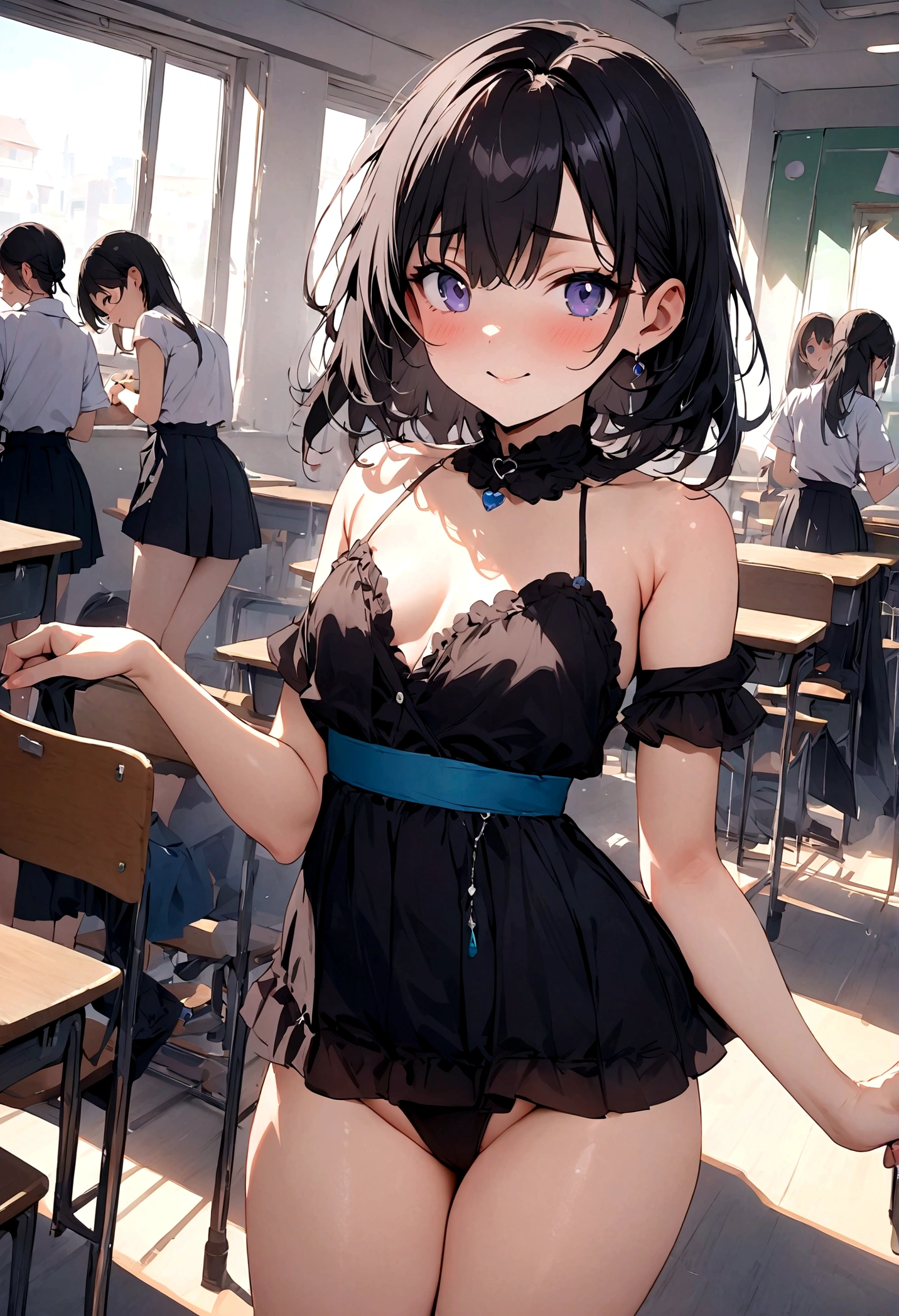 highest quality,masterpiece,Black Hair,School Cultural Festival,classroom,Nearly naked,Sexy Costumes,Classmate,14 years old,looks fun