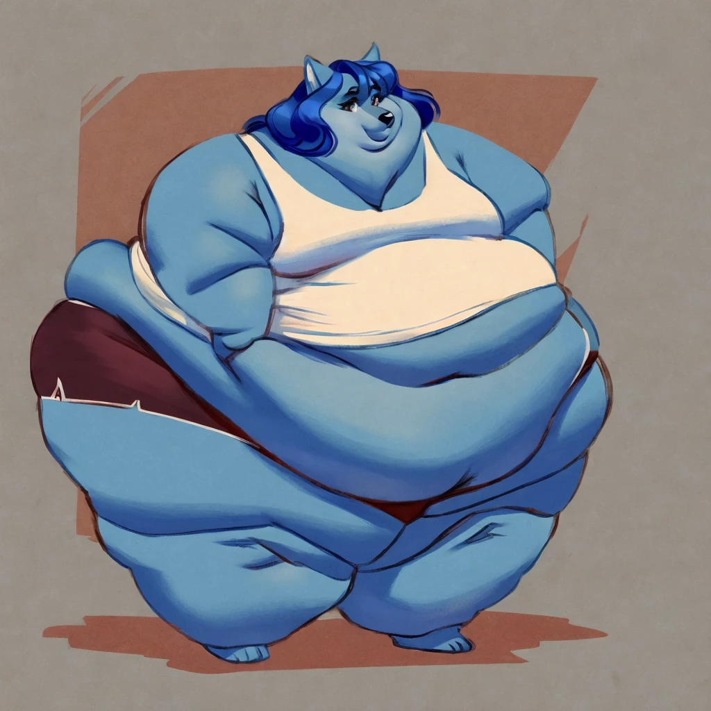 Wolf, female, long blue hair, black and blue body,fat arms, fat legs, belly rolls, hip fat rolls, double chin, chubby cheeks,tank top, shorts, gorgeous, beautiful, eyelashes,