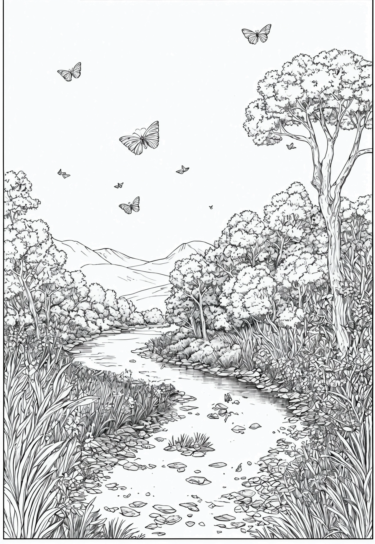 Book page coloring art, All-white background, Use only outlines, line art, coloring book, Clean line art, For coloring Simple and clean line art, coloring book page, perfect symmetric details, Lush Meadow: A wide-open meadow filled with wildflowers of various shapes and sizes, butterflies fluttering around, a gentle stream running through it, and a deer drinking water from the stream.