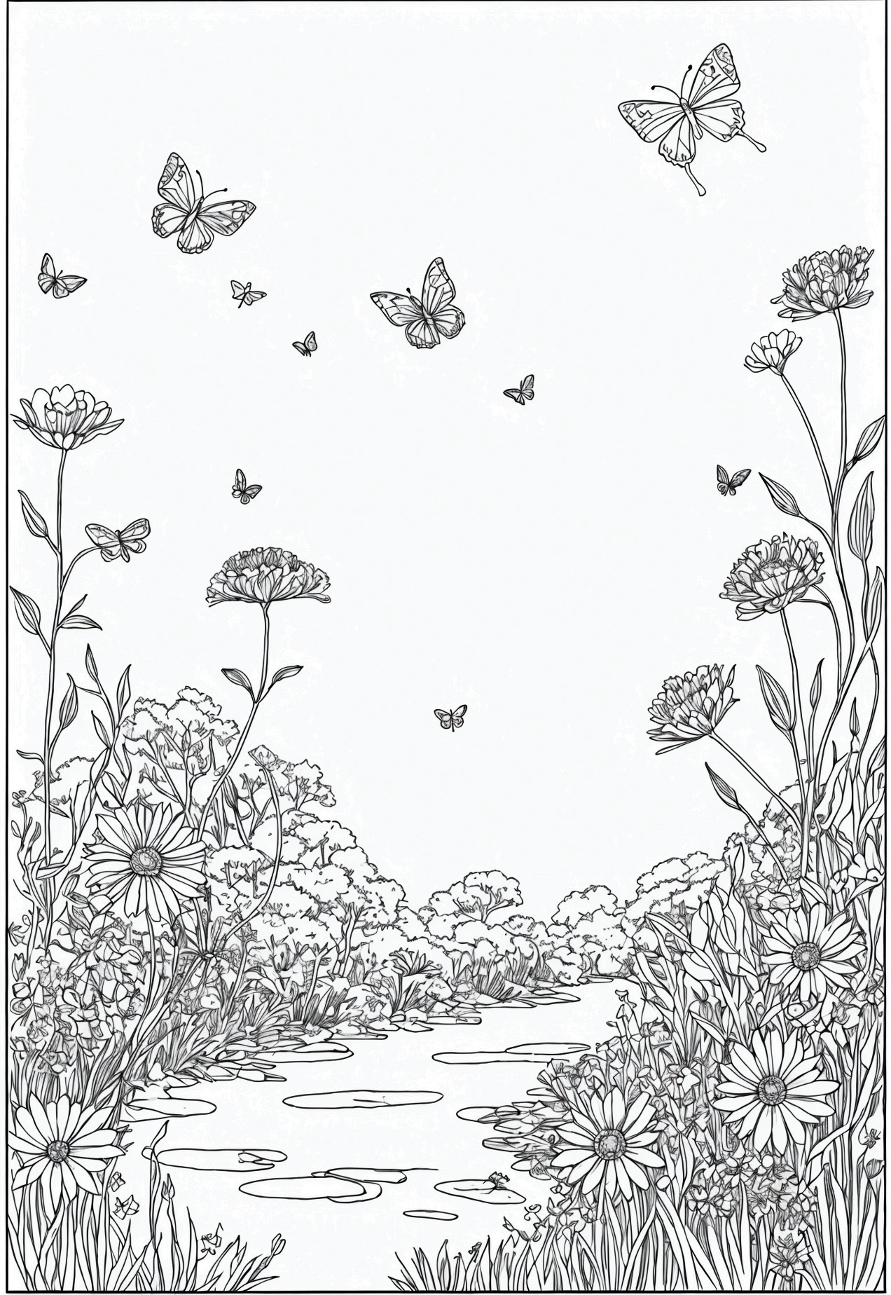 Book page coloring art, All-white background, Use only outlines, line art, coloring book, Clean line art, For coloring Simple and clean line art, coloring book page, perfect symmetric details, Lush Meadow: A wide-open meadow filled with wildflowers of various shapes and sizes, butterflies fluttering around, a gentle stream running through it, and a deer drinking water from the stream.