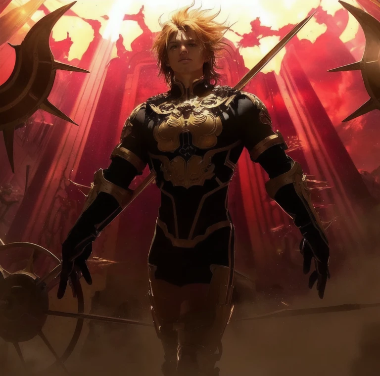 The image features an imposing character with an intense, almost divine or apocalyptic aura, The character stands in a powerful, dominant pose with arms slightly spread, suggesting confidence and command, The figure is backlit, emphasizing a sense of mystery and grandeur, The character has spiky, tousled blond hair, which adds a dynamic and somewhat rebellious look, The face is partially shadowed, with only the lower half visible, emphasizing the dramatic effect, The character wears a form-fitting, dark bodysuit adorned with gold accents, which highlight the muscular physique, The bodysuit has an intricate design with a central red gemstone embedded in the chest area, surrounded by a gold pattern resembling a lion's face or some other mythical creature, There are additional gold elements around the shoulders, waist, and knees, giving the armor a regal and elaborate appearance, Spikes are visible on the forearms, adding to the character's menacing and formidable presence, The background is dominated by a fiery red and yellow glow, suggesting an intense, perhaps otherworldly environment, Rays of light or energy emanate from behind the character, enhancing the divine or apocalyptic vibe, Sparkling effects are scattered throughout the background, adding to the sense of power and otherworldliness, The ground appears to be obscured by a thick layer of fog or smoke, contributing to the overall dramatic and mysterious atmosphere, The circular structures with spokes on either side of the character resemble gears or wheels, possibly indicating a mechanical or celestial theme.
These elements also appear to be part of the character's equipment or weapons, suggesting a warrior or guardian role