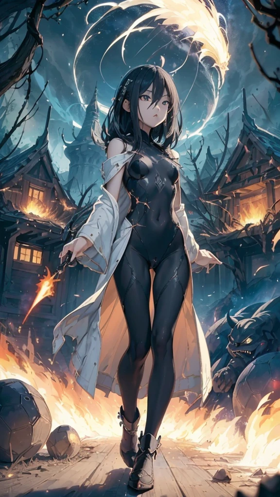 ((Most beautiful woman)),delicate face,(Expressionless),(White skin),((Wears old robe)),((Black long tights)),(Comfort boots),(Slim body),((Full_body)),(Head to feet),flames surround the background,meteors falling from the sky,((burning arm)),(flaming dagger), fiercely flares,fire magics,dark magics,demon flames,demon magics,strongly powers,nightmare powers,light magics, explosive magics,explosion,((Explosive background)),magical weapons,(demon lord),((Anti-hero)),chaotic background,burning nature,day light,solar lights,daytime,burning villages,demon warriors,alone,silence,time-stopping,clear view,perfection,calming atmosphere.