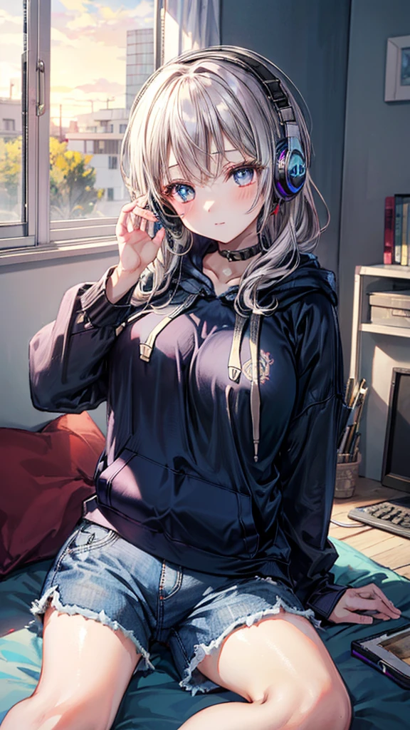 (Best quality, 8k, 32k, Masterpiece, UHD,:1.2),RAW, 2girls,ultra cute , natural lighting,transparent shining eyes, 20yo,medium breast ,fair complexion ,flushed face,dynamic Lighting,((oversized Hoodie:1.3)), short denim pants, sitting on the floor, at own room, have a guitar, Playing the guitar, ((Evening)), nostalgic, headphones hang around neck