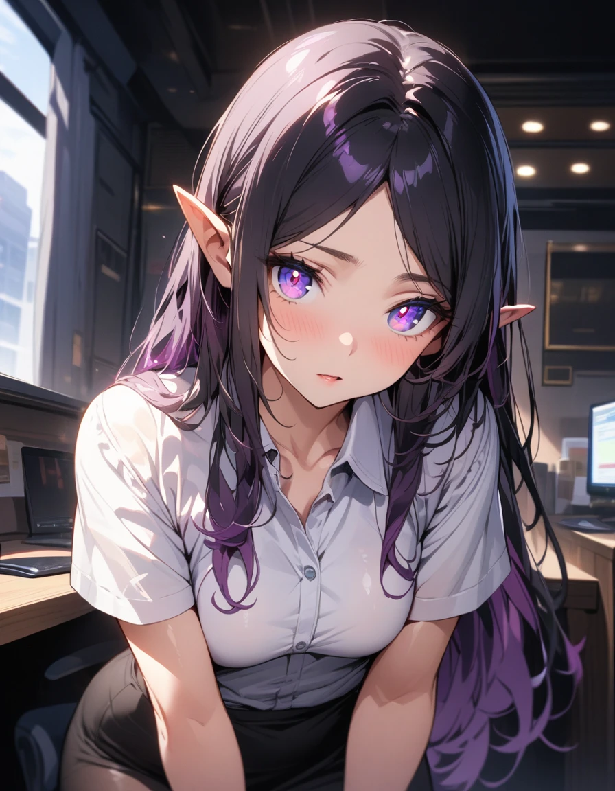 ((highest quality, masterpiece, ultra high definition, high resolution)), ((ultra-detailed illustrations:1.2)), 1 girl, solo, anime style, beautiful hair, parted bangs, loose hair, long hair, black hair, dark purple hair, multi colored hair, beautiful detailed eyes, beautiful detailed pupils, violet eyes, looking at viewer, pointed ears, mid-chest, white shirt, collared shirt, short sleeves, black mini skirt, pantyhose, shiny skin, shiny, indoor, office