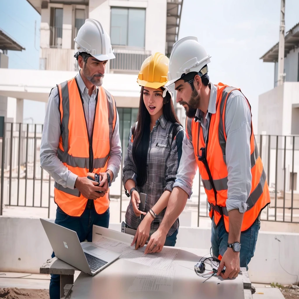 Three people in safety vests and helmets looking at a laptop., Construction, Ingeniero Civil, foto fija, advanced technology, retrato, personas en el trabajo, Trabajadores, arquitecto, engineering, editado, foto de medio plano, arquitectoural planning, Close-up photography, foto tomada en 2 0 2 0, highly technician, foto publicitaria, Innovador, having fun, Rectangle, technician