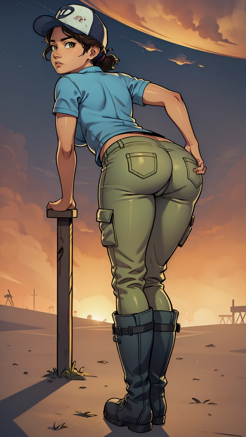 ((masterpiece, best quality)),(complex lighting) ,solo,(((1girl))) ,clementine, light skin,light-skinned female, baseball cap, green cargo pants, brown eyes, tight pants, combat boots, shirt, short hair, one short ponytail, open denim jacket, huge butt, thicc butt , (((8k))), (((full body))), (((bent over))), (((looking at the viewer))), cameltoe