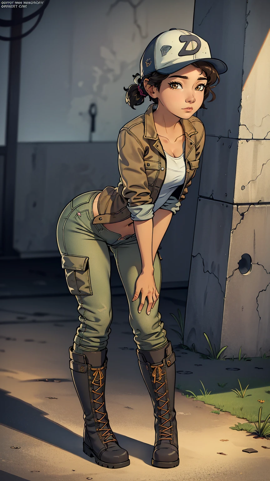 ((masterpiece, best quality)),(complex lighting) ,solo,(((1girl))) ,clementine, light skin,light-skinned female, baseball cap, green cargo pants, brown eyes, tight pants, combat boots, shirt, short hair, one short ponytail, open denim jacket, huge butt, thicc butt , (((8k))), (((full body))), (((bent over))), (((looking at the viewer))), cameltoe