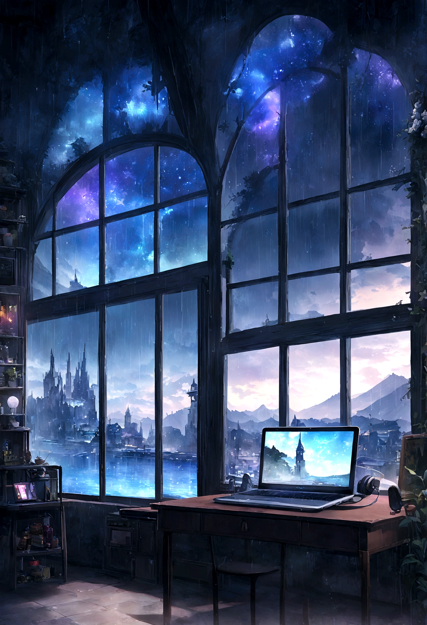 On the desk、unmanned、Tablet、liquid crystal、rain、PC Monitor、liquid crystalTablet、smartphone、wall、Dark atmosphere、Blue Neon、Brewster、keyboard、Vocal Microphone、headphone、Large windows、scenery、White flowers and a laptop on a desk in front of a window, Digital painting inspired by Gyokudō Uragami, pixiv Contest Winner, magical realism, Magic Lab Background, Magic Background, Background Art, Personal room background, Random background scenes, anime Background Art, Cozy cafe background, Fairytale style background, Background Artwork, Mobile Game Background