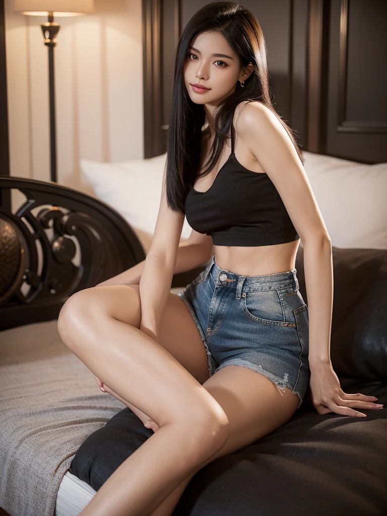A beautiful woman in lingerie top and denim shorts, smirk, (straight long black hair), earrings , ((black top)), (((Extremely Realistic))),FilmGirl, sexy pose, (thighs, hands), sitting,Extremely Realistic,Split_Pose, (legs), ,photorealistic, (((brown skin))), bedroom , hourglass figure , very detailed