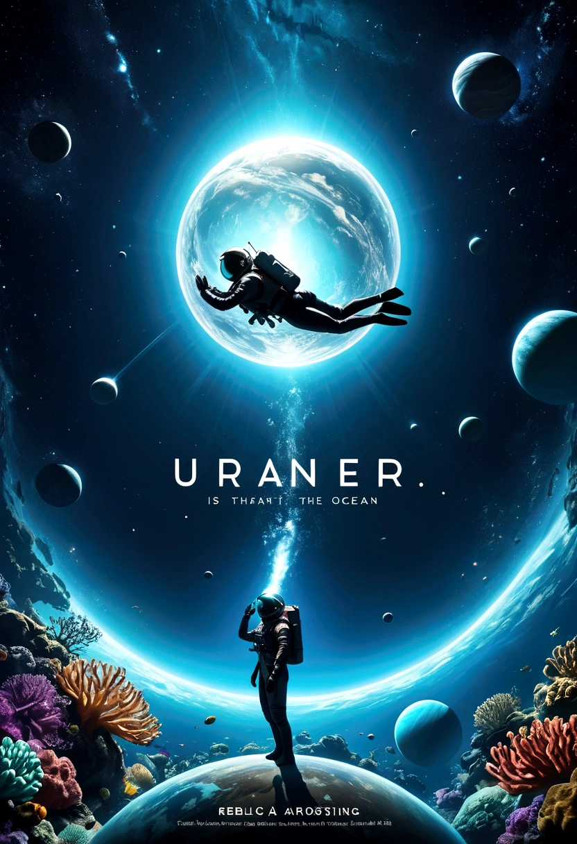 A mesmerizing and realistic image of space, featuring the planet Uranus with a unique blend of an underwater deep ocean scene. The silver "Uranus2324" (Sarocha Chankimha & Rebeca P. Armstrong) is displayed in a space-style font, adding a futuristic touch to the image. The phrase "LOVE IS DEEPER THAN THE OCEAN. GREATER THAN THE UNIVERSE" is displayed in bold, cursive letters. The centerpiece of the image is a black silhouette of an astronaut (Sarocha Chankimha) floating in space, and a diver (Rebeca P. Armstrong) swimming underwater, both with their hands joined. The overall atmosphere of the image is awe-inspiring and thought-provoking, with a touch of mystery and wonder.