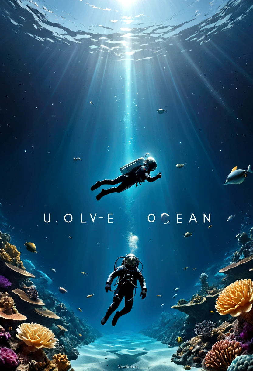 A mesmerizing and realistic image of space, featuring the planet Uranus with a unique blend of an underwater deep ocean scene. The silver "Uranus2324" (Sarocha Chankimha & Rebeca P. Armstrong) is displayed in a space-style font, adding a futuristic touch to the image. The phrase "LOVE IS DEEPER THAN THE OCEAN. GREATER THAN THE UNIVERSE" is displayed in bold, cursive letters. The centerpiece of the image is a black silhouette of an astronaut (Sarocha Chankimha) floating in space, and a diver (Rebeca P. Armstrong) swimming underwater, both with their hands joined. The overall atmosphere of the image is awe-inspiring and thought-provoking, with a touch of mystery and wonder.